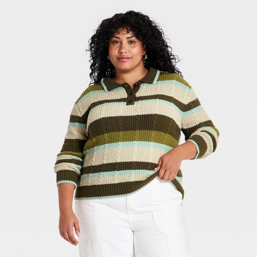 Women's Cable Collared Pullover Sweater - Universal Thread Green Striped XXL
